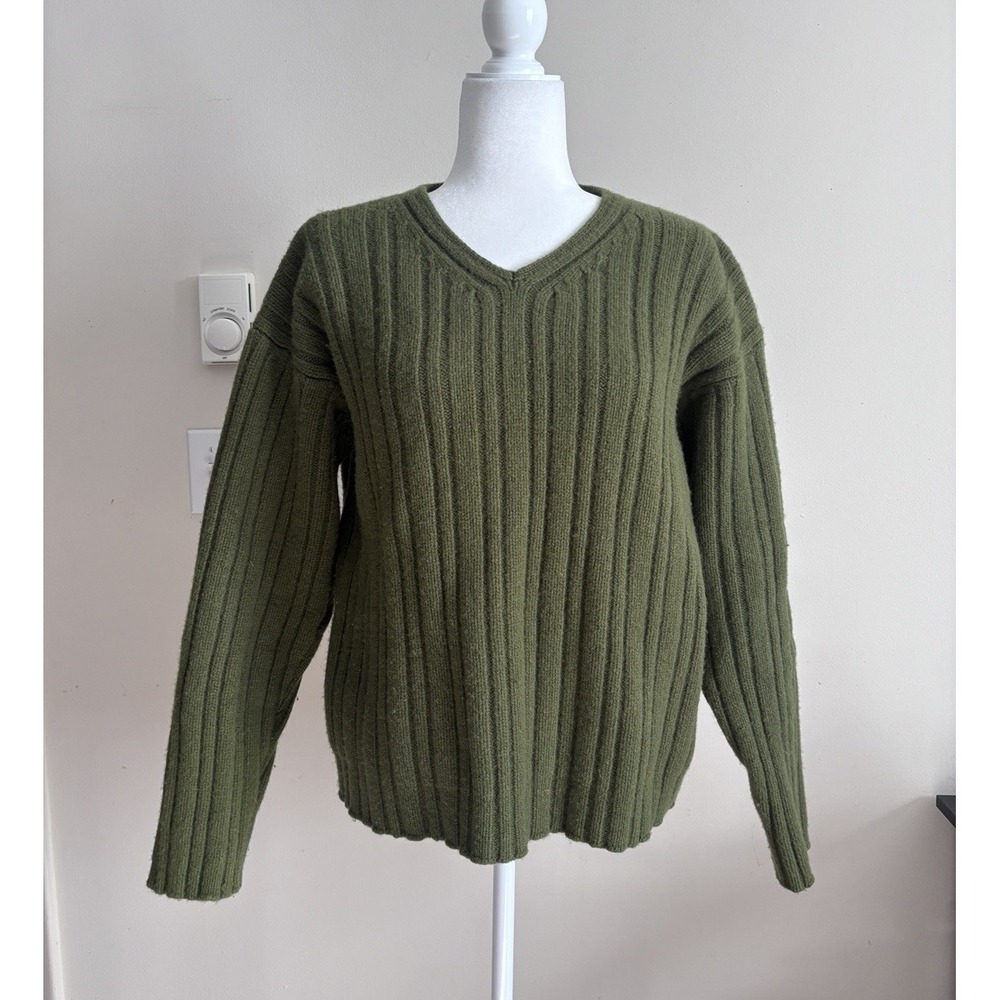 Vtg J Crew Womens Large Chunky Knit V Neck‎ Fisherman Sweater Lambswool Green